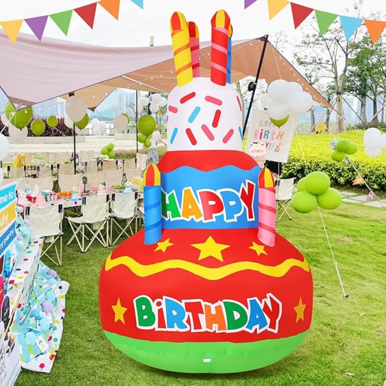 GOOSH 6.2 FT Birthday Inflatables Cake with Candle, Happy Birthday Decoration with Colorful Rotating LED Lights